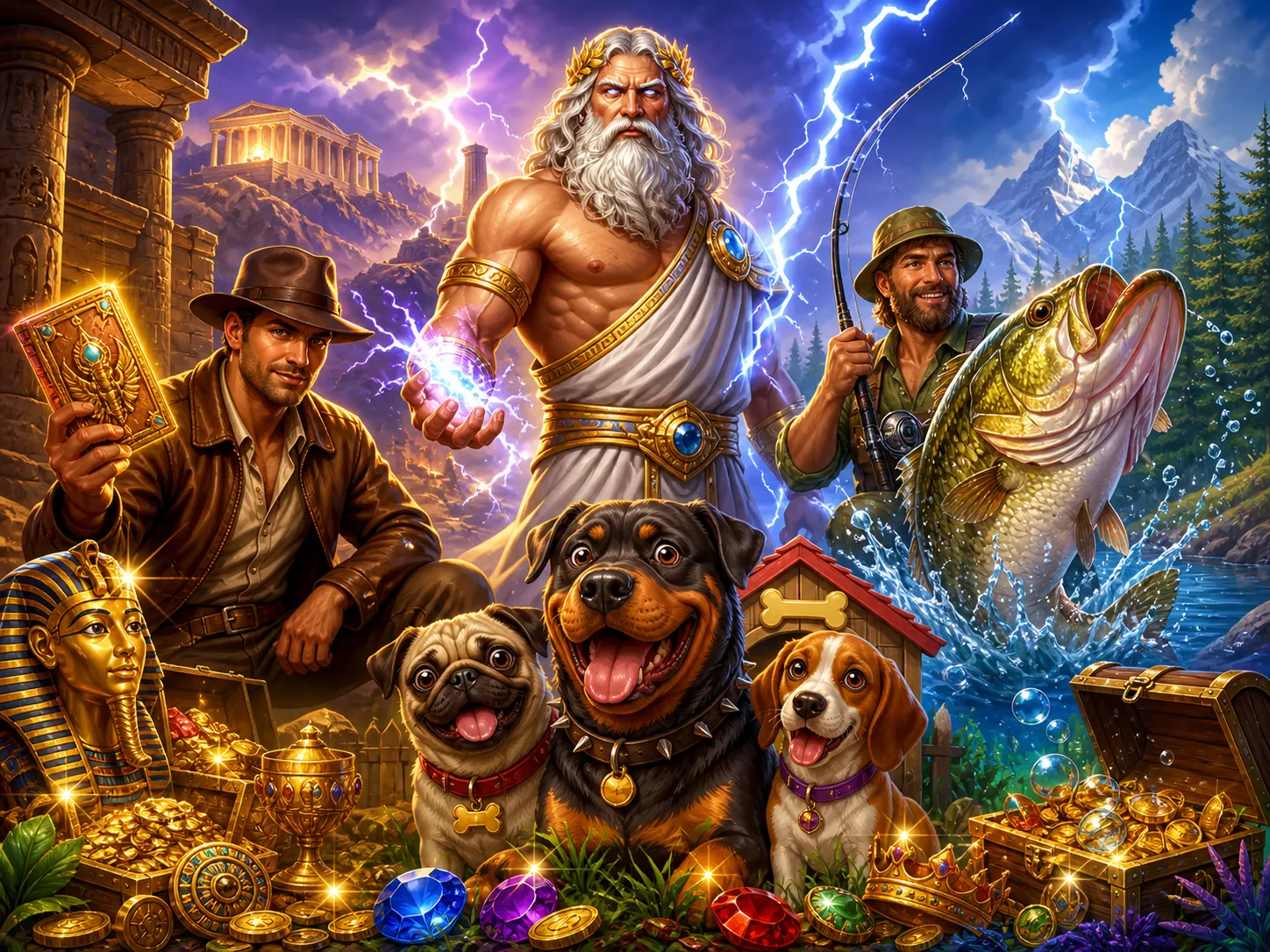 High-quality digital illustration of fantasy slot game characters and environments, showcasing vibrant colors and cinematic l