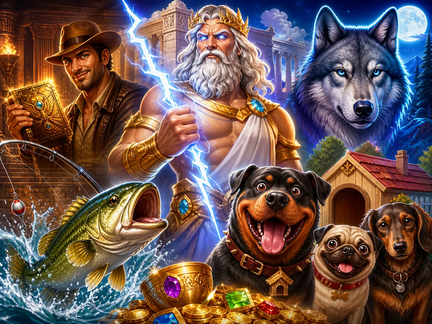 Illustrative scene with characters and symbols from various popular slot games available at NV Casino, featuring vibrant fant
